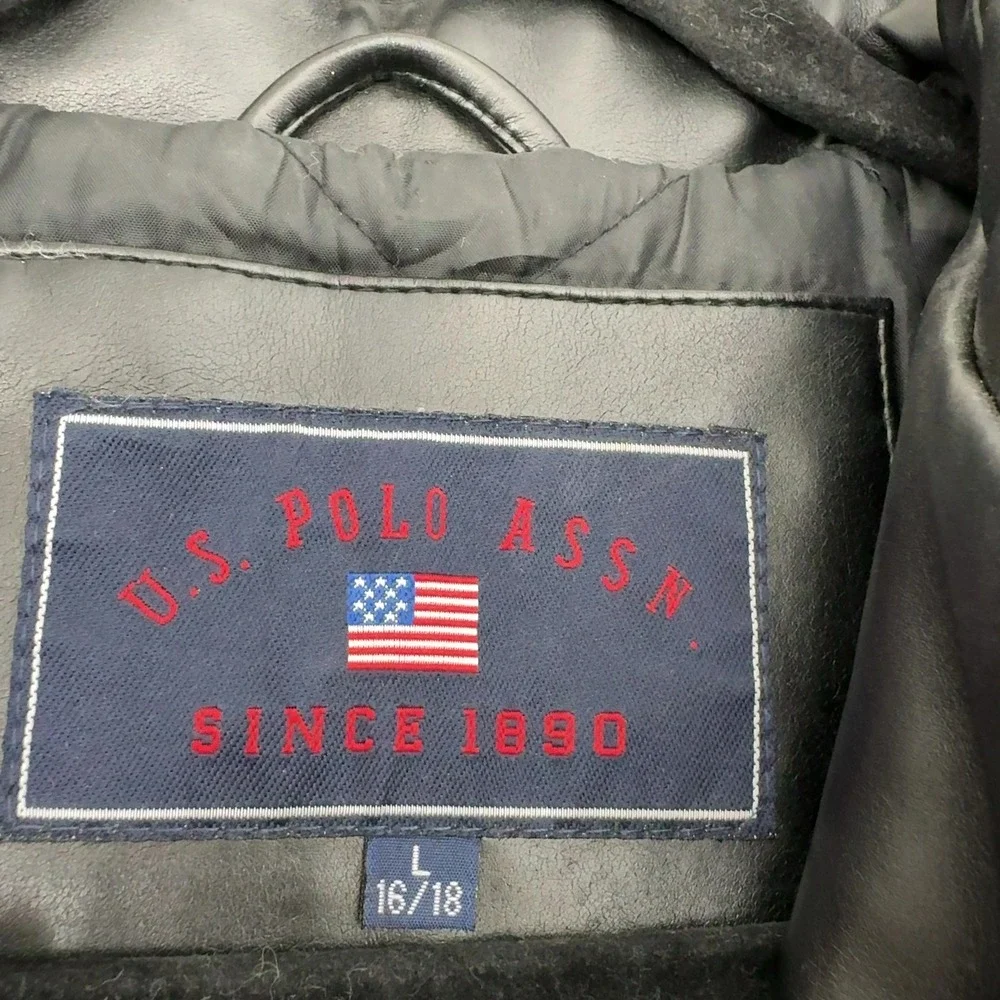 U.S. Polo Assn Jacket Boys L Black Polyurethane Faux Leather Bomber Varsity Moto
